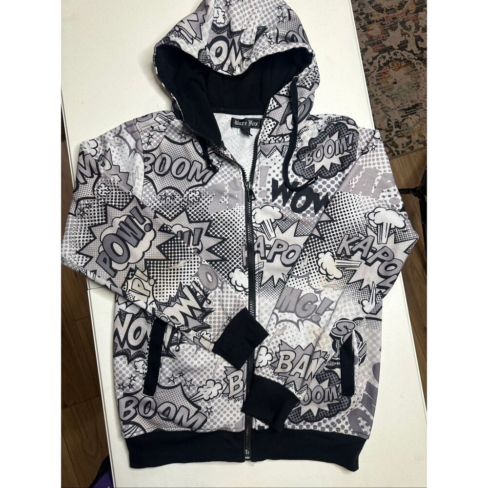 Bare Fox Men's Black White Pop Art All Over Print Full Zip Hoodie Size Medium